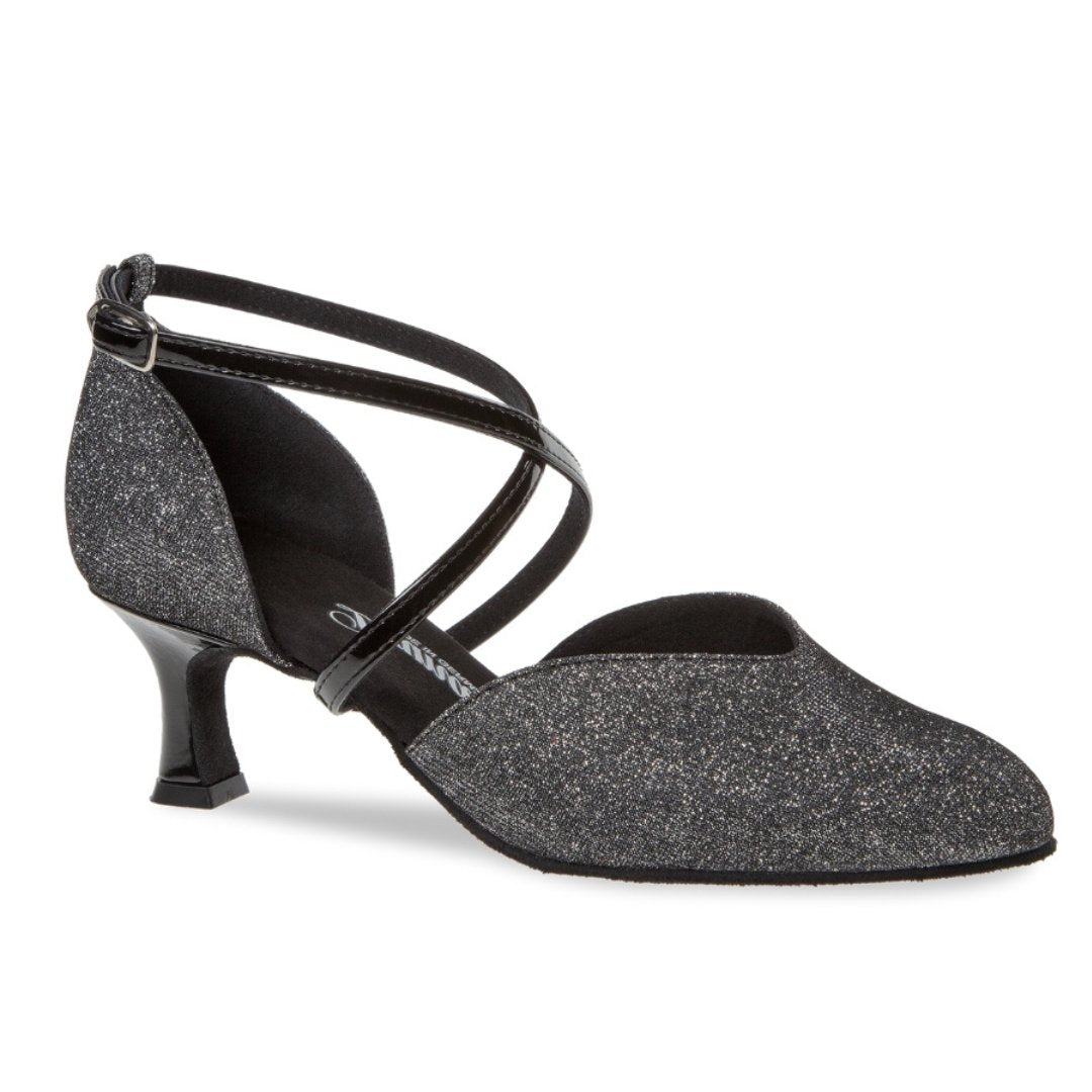 Schwarz-silberner Glitzer-Tanzschuh mit überkreuzten Riemchen und niedrigem Absatz.